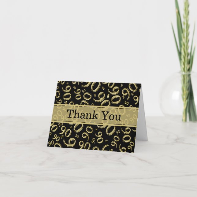90th "Thank you!" Black/Gold Number Pattern Thank You Card (Front)