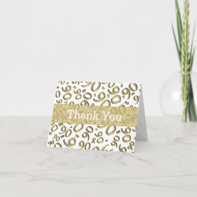 90th "Thank you!" Gold/White Number Pattern Thank Thank You Card (Front)