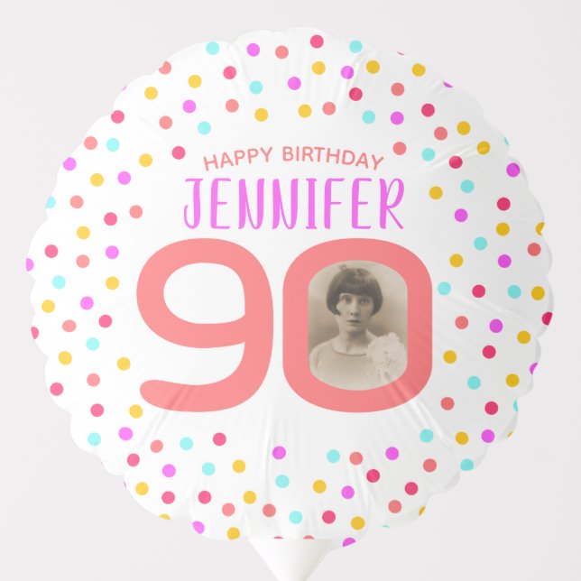 90th two custom photos colorful confetti birthday balloon (Front)