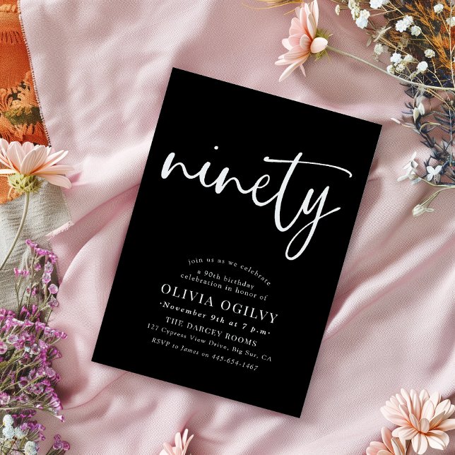 90th White on Black Birthday Party Modern Script Invitation (Creator Uploaded)