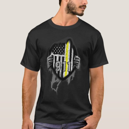 911 Dispatcher American Flag Thin Gold Line Headse T_Shirt
