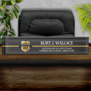 911 Dispatcher Thin Gold Line Shield Acrylic Desk Name Plate
