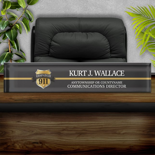 911 Dispatcher Thin Gold Line Shield Acrylic Desk Name Plate (Creator Uploaded)