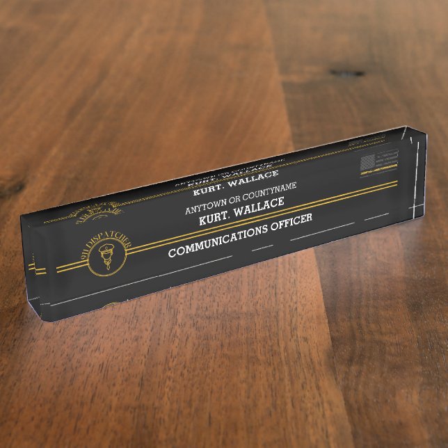 911 Dispatcher Thin Gold Lines Flag Desk  Name Plate (Side)