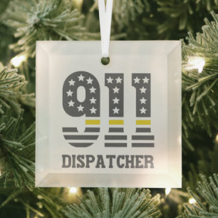 911 Dispatcher USA Flag Thin Yellow Line Emergency Glass Ornament