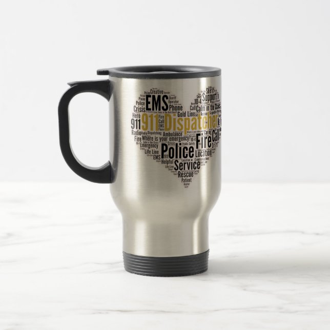 911 Dispatcher Word Cloud Travel Mug (Left)