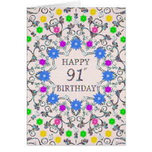 91st Birthday Abstract Flowers Cards