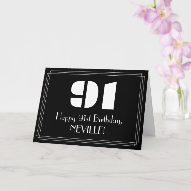 91st Birthday: Art Deco Inspired Look "91" & Name Card (Orchid)
