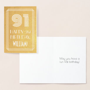 91st Birthday – Art Deco Inspired Look "91" + Name Foil Card