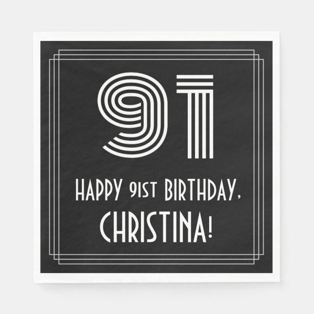 91st Birthday: Art Deco Inspired Look "91" + Name Napkins (Front)