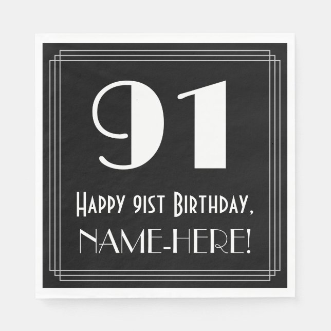 91st Birthday ~ Art Deco Inspired Look "91", Name Napkins (Front)