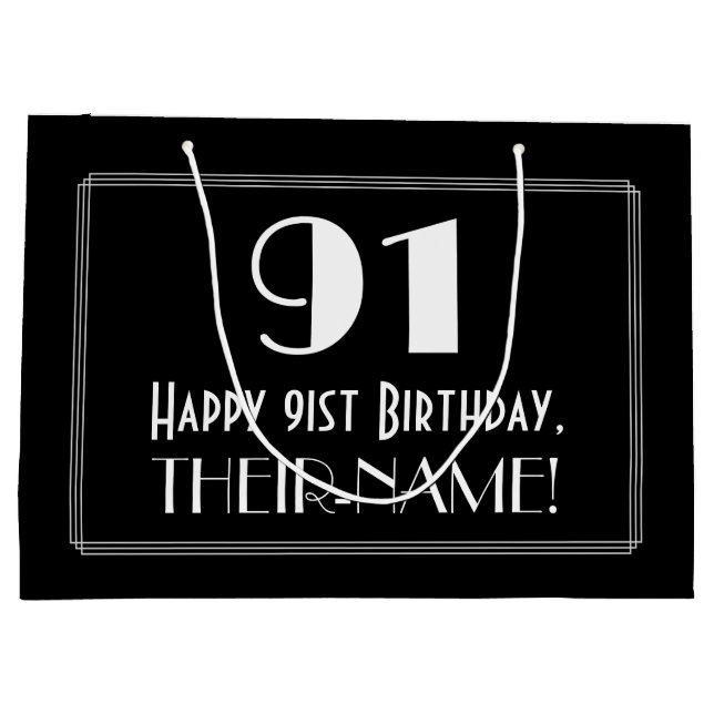 91st Birthday: Art Deco Inspired Style "91", Name Large Gift Bag (Back)