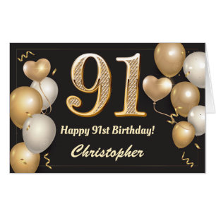 91st Birthday Black and Gold Balloons Extra Large Card