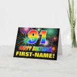 [ Thumbnail: 91st Birthday: Bold, Fun, Fireworks, Rainbow 91 Card ]
