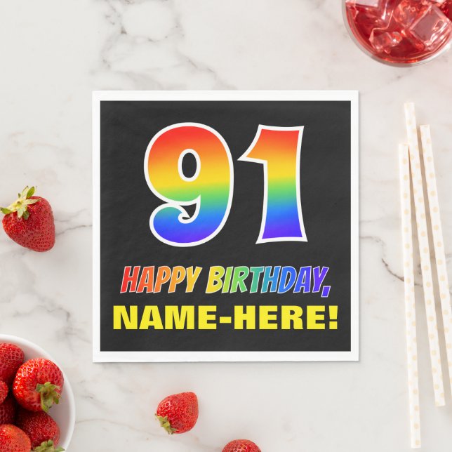 91st Birthday: Bold, Fun, Simple, Rainbow 91 Napkins (Insitu)