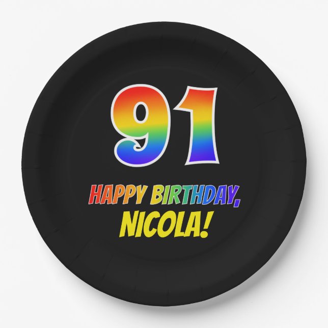 91st Birthday: Bold, Fun, Simple, Rainbow 91 Paper Plates (Front)