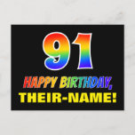 [ Thumbnail: 91st Birthday: Bold, Fun, Simple, Rainbow 91 Postcard ]