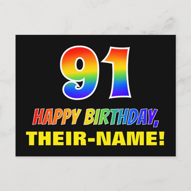 91st Birthday: Bold, Fun, Simple, Rainbow 91 Postcard (Front)