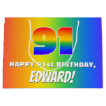 [ Thumbnail: 91st Birthday: Colorful, Fun Rainbow Pattern # 91 Gift Bag ]