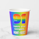[ Thumbnail: 91st Birthday: Colorful, Fun Rainbow Pattern # 91 Paper Cups ]