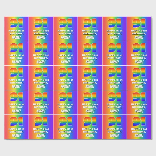 91st Birthday: Colorful, Fun Rainbow Pattern # 91 Wrapping Paper (Flat)