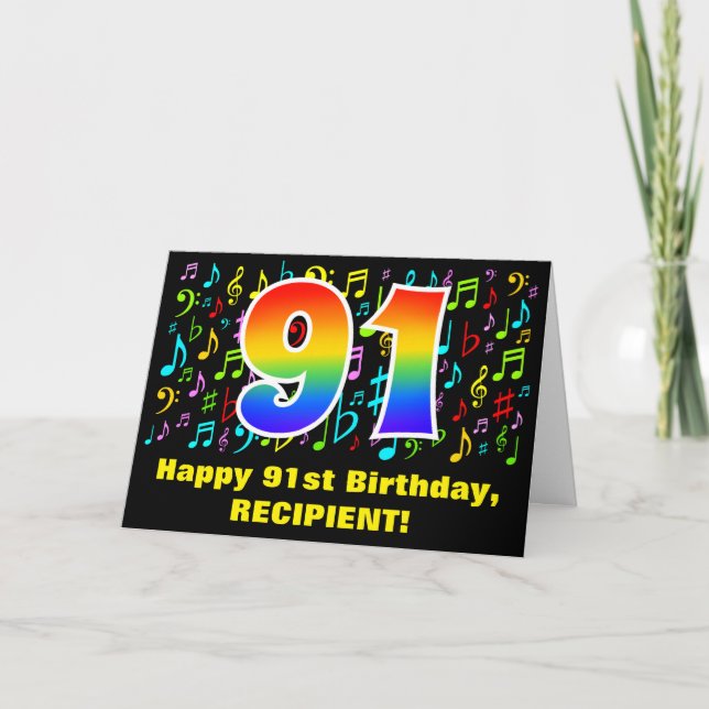 91st Birthday: Colorful Music Symbols & Rainbow 91 Card (Front)