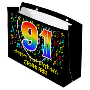91st Birthday - Colorful Music Symbols, Rainbow 91 Large Gift Bag