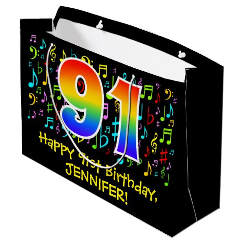 91st Birthday _ Colorful Music Symbols Rainbow 91 Large Gift Bag