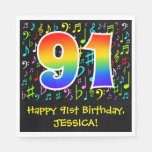 [ Thumbnail: 91st Birthday - Colorful Music Symbols, Rainbow 91 Napkins ]