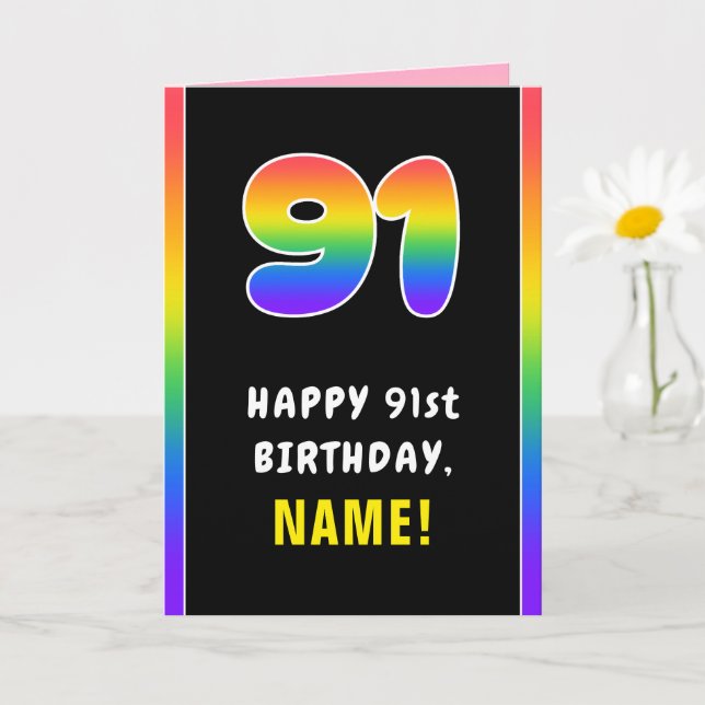 91st Birthday: Colorful Rainbow # 91, Custom Name Card (Small Plant)