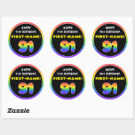 [ Thumbnail: 91st Birthday: Colorful Rainbow # 91, Custom Name Round Sticker ]