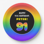 [ Thumbnail: 91st Birthday: Colorful Rainbow # 91, Custom Name Paper Plates ]