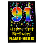 [ Thumbnail: 91st Birthday: Colorful Stars Pattern & Rainbow 91 Gift Bag ]