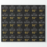 [ Thumbnail: 91st Birthday: Elegant, Black, Faux Gold Look Wrapping Paper ]