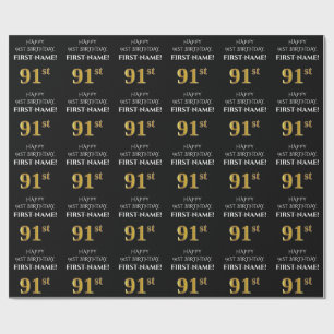91st Birthday: Elegant, Black, Faux Gold Look Wrapping Paper