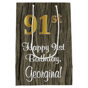 91st Birthday: Elegant Faux Gold Look #, Faux Wood Medium Gift Bag