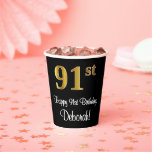 [ Thumbnail: 91st Birthday - Elegant Luxurious Faux Gold Look # Paper Cups ]