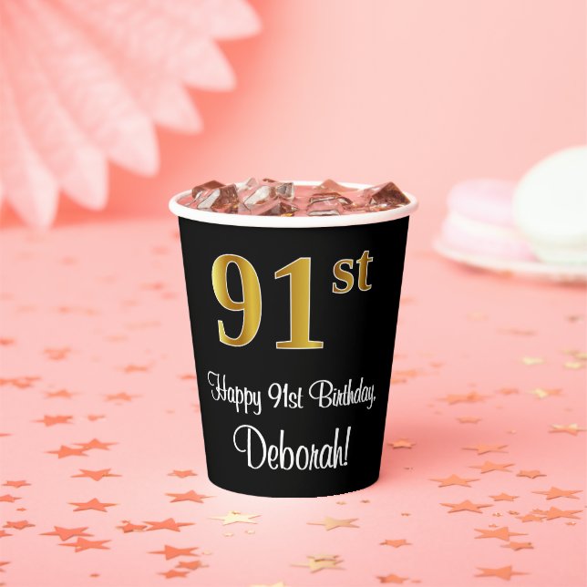 91st Birthday - Elegant Luxurious Faux Gold Look # Paper Cups (Insitu)