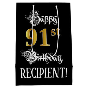 91st Birthday ~ Fancy Script; Faux Gold Look; Name Medium Gift Bag