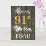 [ Thumbnail: 91st Birthday: Faux Gold Look + Faux Wood Pattern Card ]