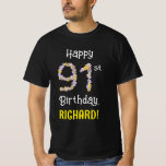 [ Thumbnail: 91st Birthday: Floral Flowers Number “91” + Name T-Shirt ]