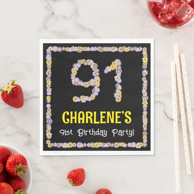 91st Birthday: Floral Flowers Number, Custom Name Napkins (Insitu)