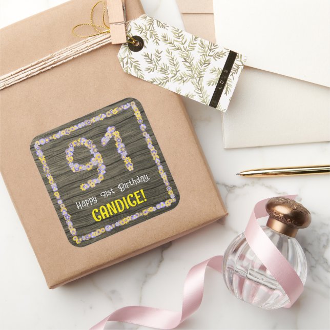 91st Birthday: Floral Number, Faux Wood Look, Name Square Sticker (Gifting)