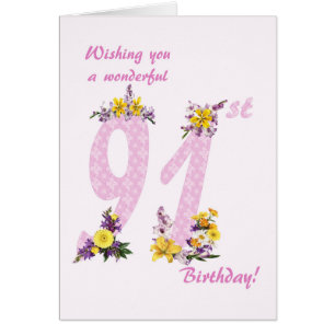 91st Birthday Flower Decorated Numbers Cards
