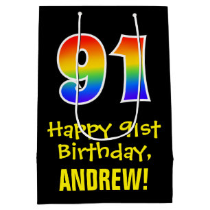 91st Birthday: Fun, Bold, Colorful, Rainbow "91" Medium Gift Bag