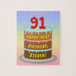 [ Thumbnail: 91st Birthday: Fun Cake and Candles + Custom Name Jigsaw Puzzle ]