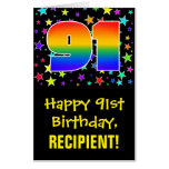 [ Thumbnail: 91st Birthday: Fun, Colorful Stars + Rainbow # 91 Card ]