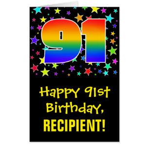 91st Birthday: Fun, Colorful Stars + Rainbow # 91 Card