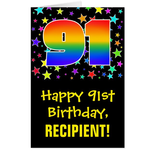 91st Birthday: Fun, Colorful Stars + Rainbow # 91 Card (Front)