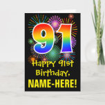 [ Thumbnail: 91st Birthday: Fun Fireworks Pattern + Rainbow 91 Card ]